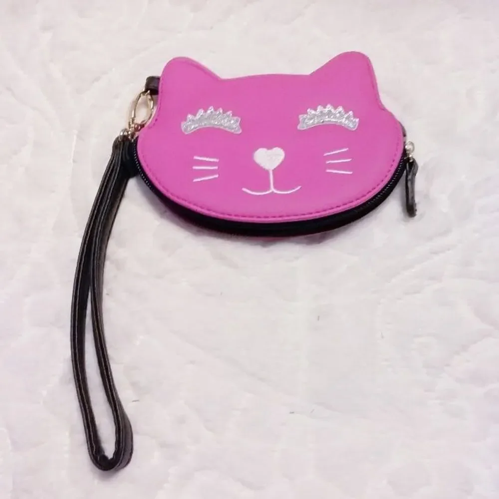 Luv Betsey Johnson Hot Pink Cat Face Wristlet Wallet Silver Glitter Eyebrows - Picture 1 of 6